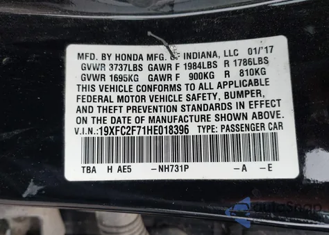 2017 Honda Civic Ex from USA, damaged, VIN 19XFC2F71HE018396
